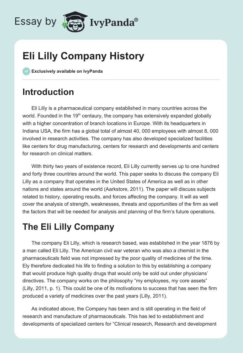 Eli Lilly Company History. Page 1