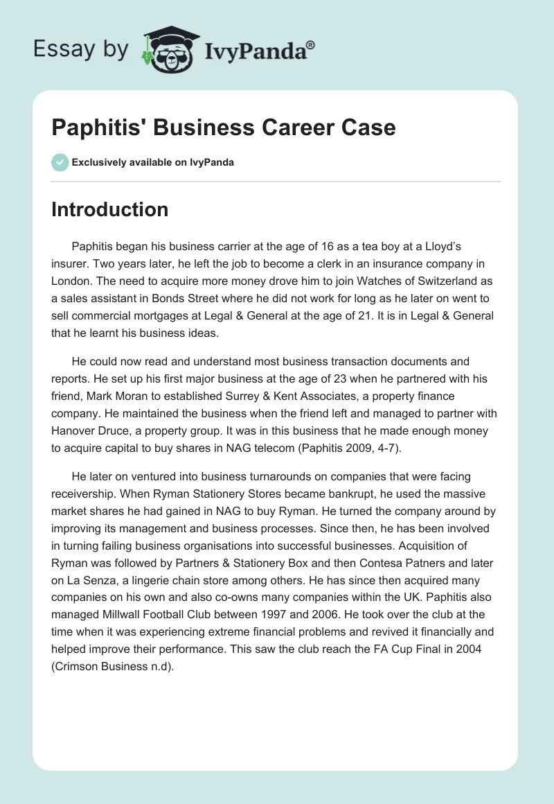 Paphitis' Business Career Case. Page 1