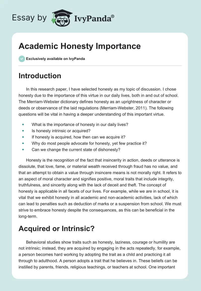 Academic Honesty Importance. Page 1