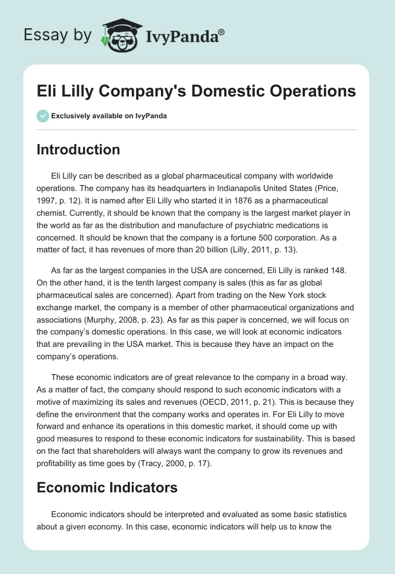 Eli Lilly Company's Domestic Operations. Page 1