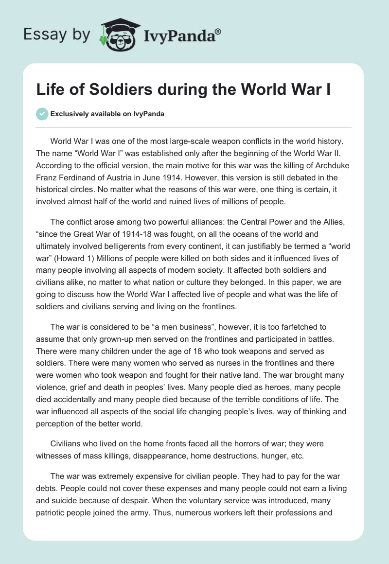 Life of Soldiers During the World War I. Page 1
