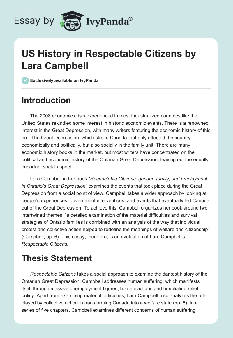 US History in "Respectable Citizens" by Lara Campbell. Page 1
