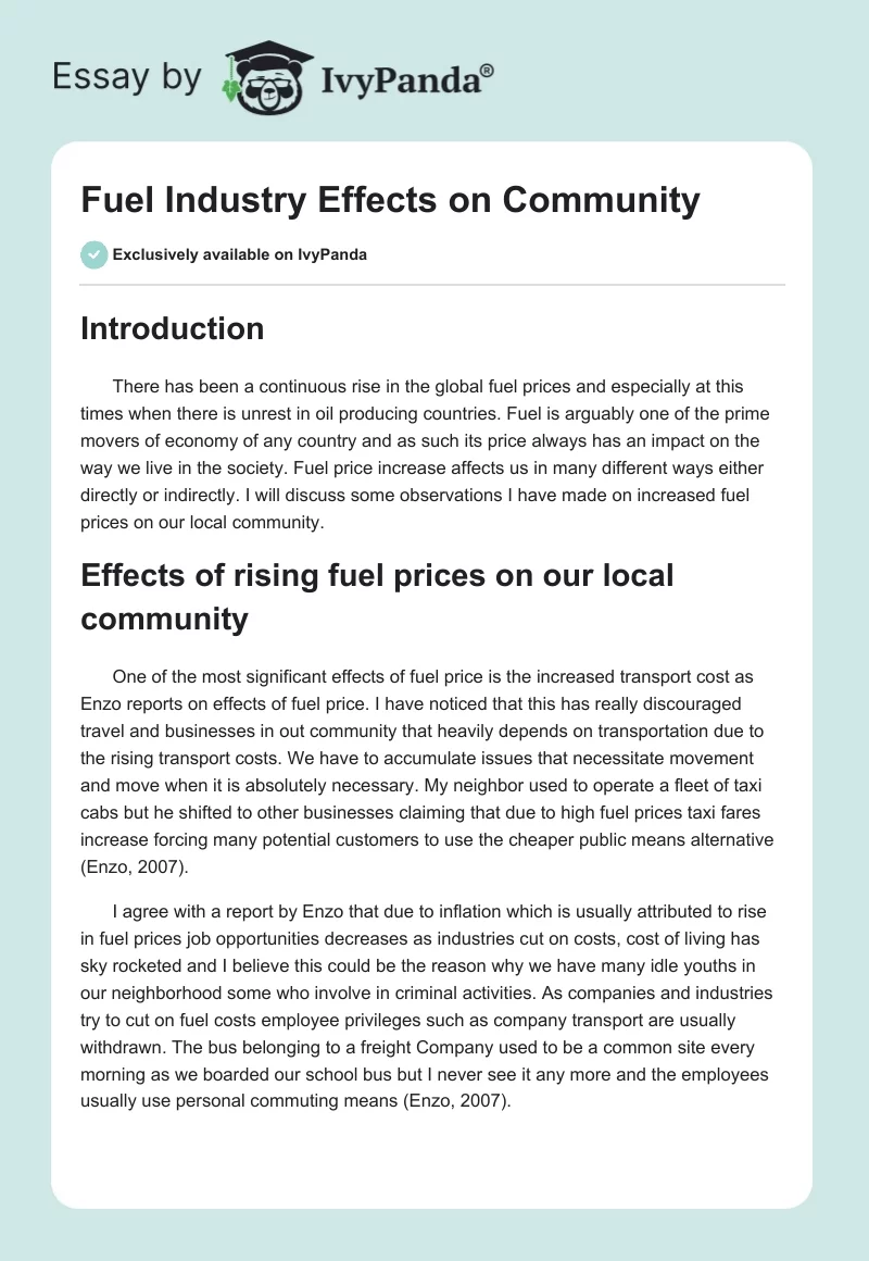 Fuel Industry Effects on Community. Page 1