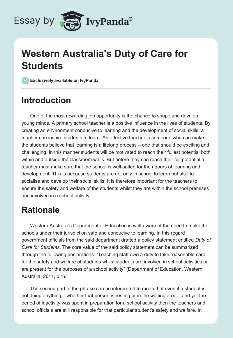 Western Australia's Duty of Care for Students. Page 1