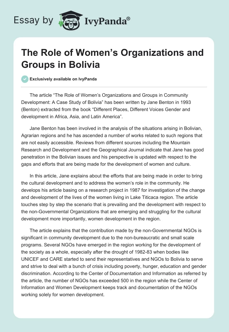 The Role of Women’s Organizations and Groups in Bolivia. Page 1