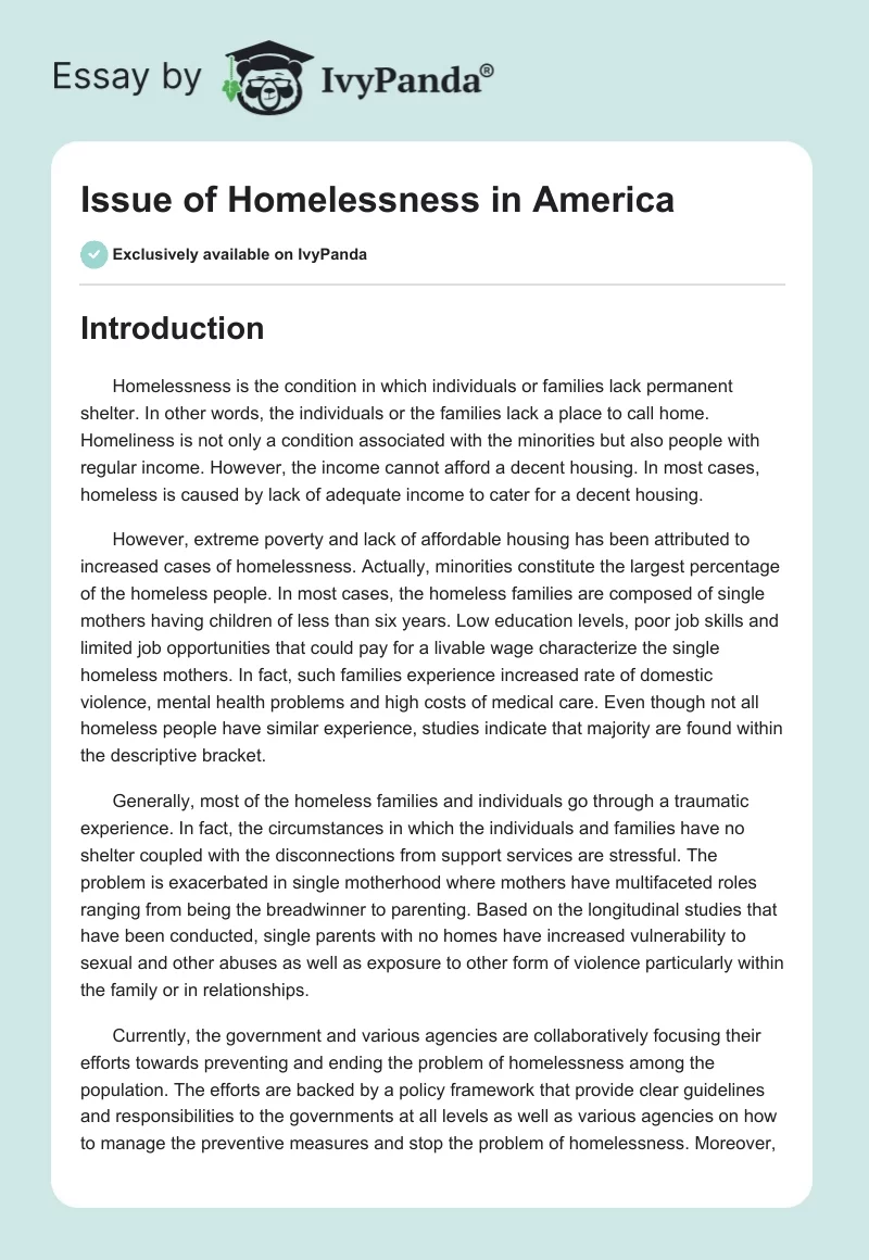 Issue of Homelessness in America. Page 1