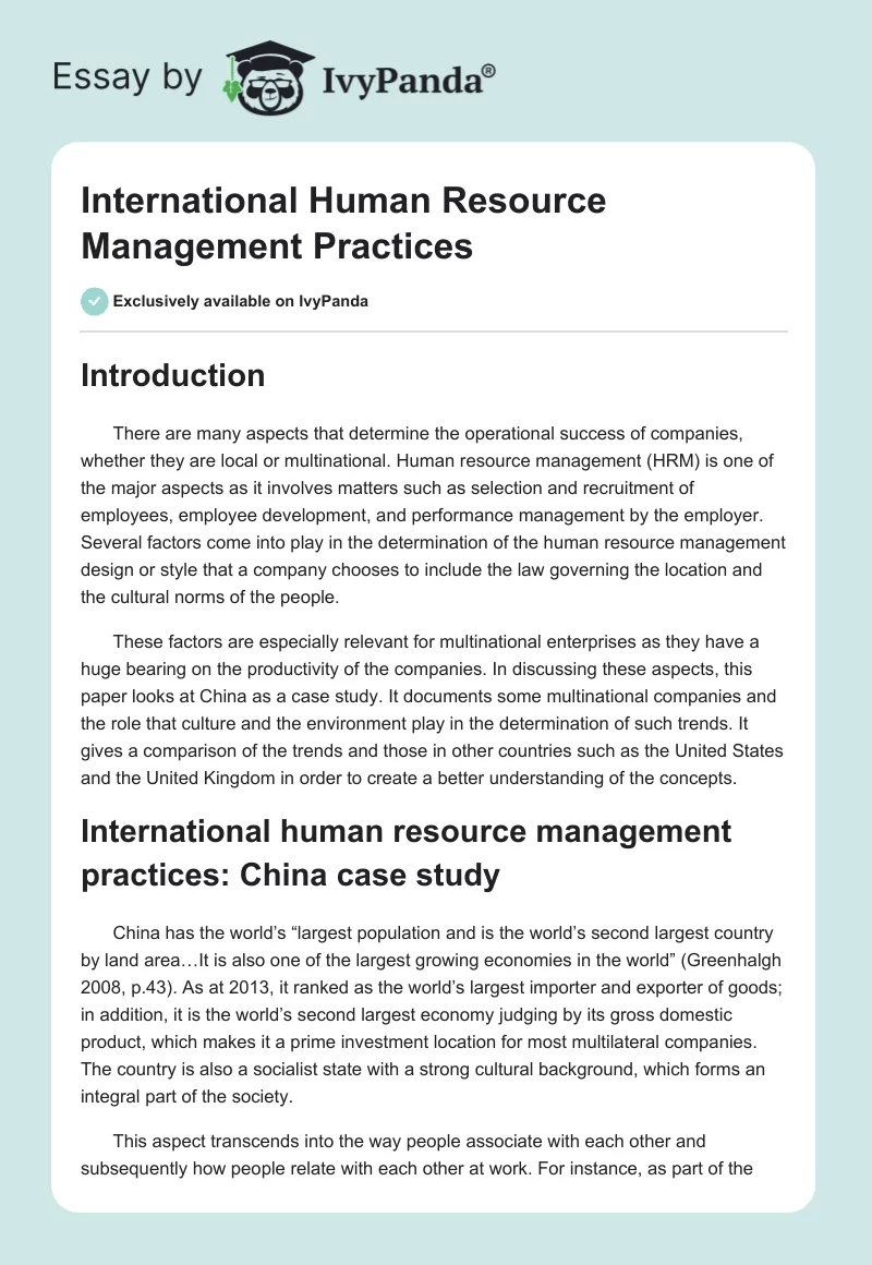 International Human Resource Management Practices. Page 1