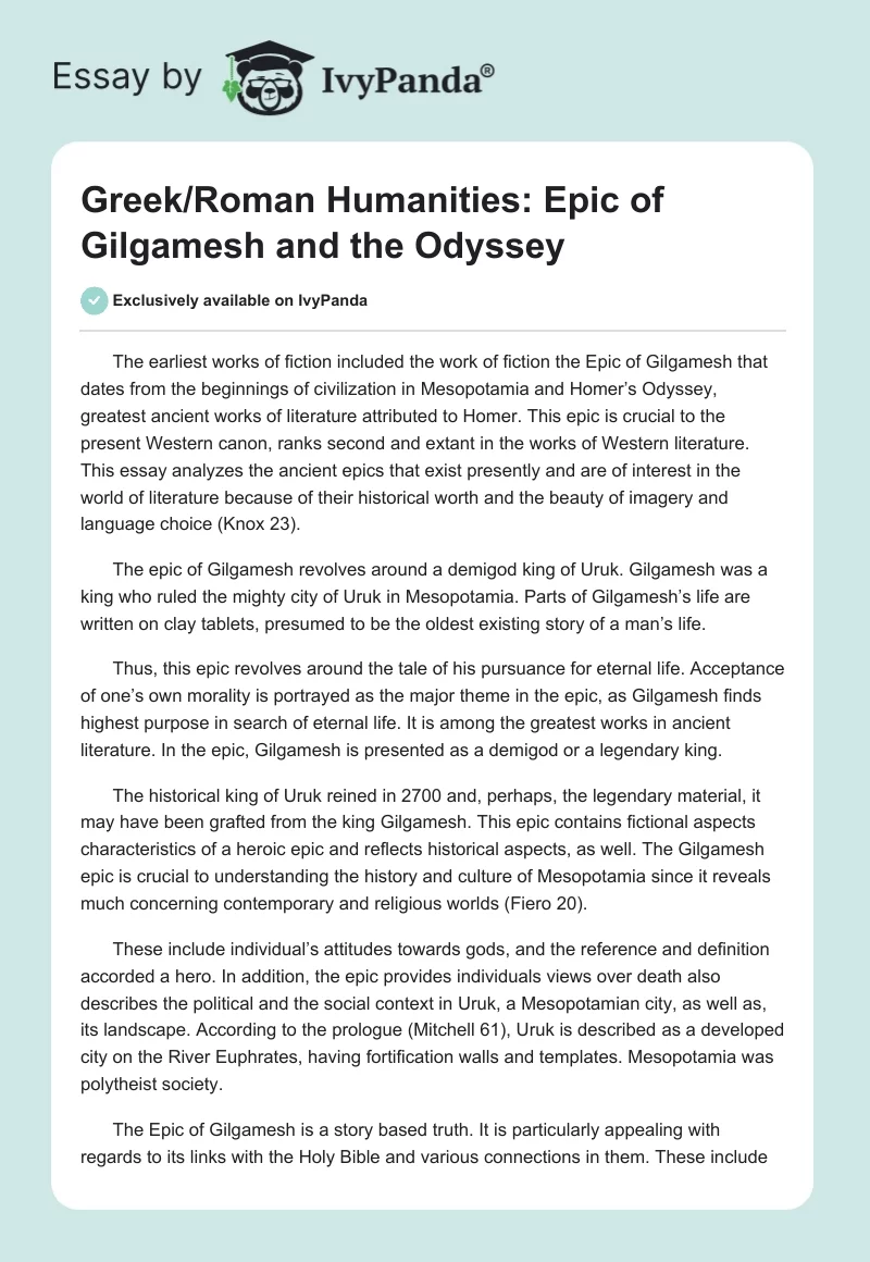 Greek/Roman Humanities: Epic of Gilgamesh and The Odyssey. Page 1