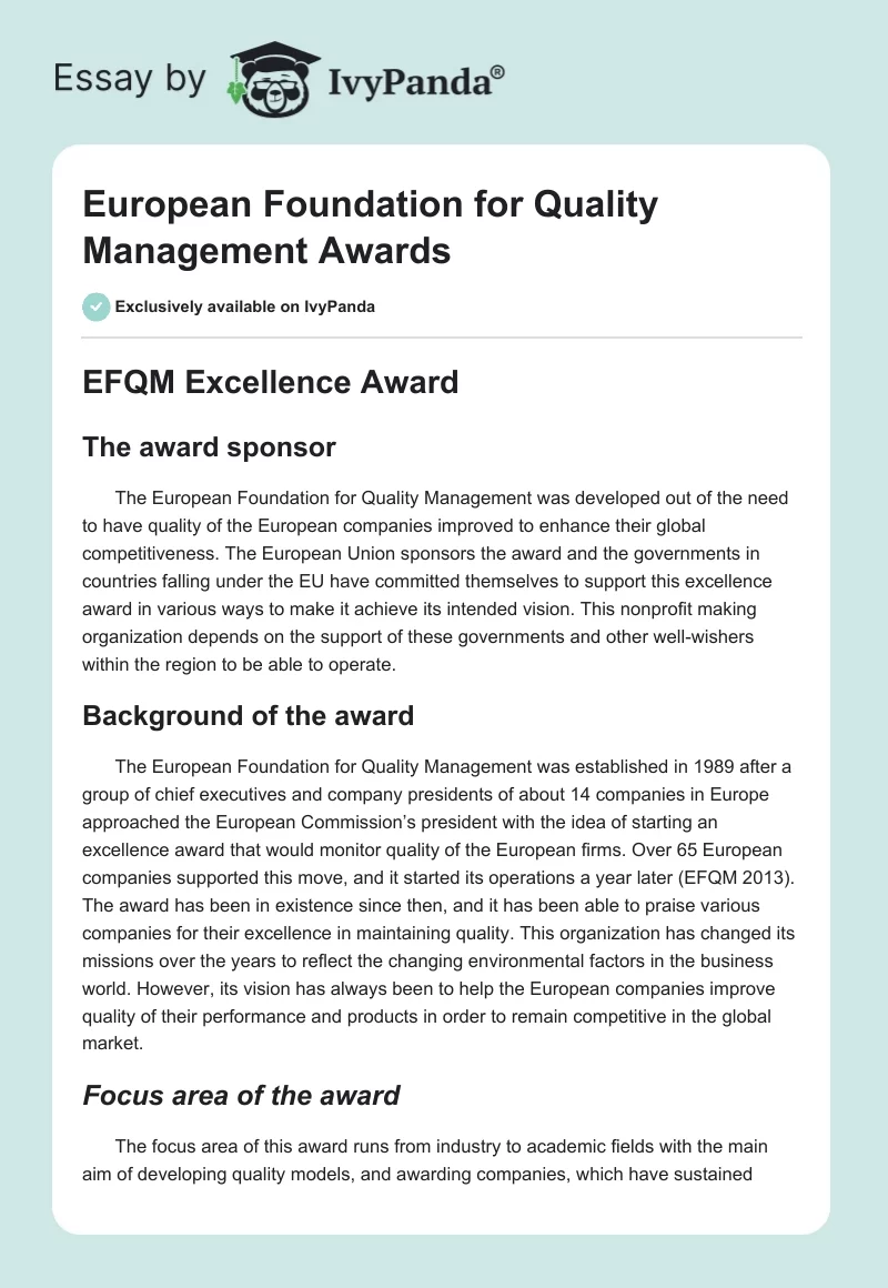 European Foundation for Quality Management Awards. Page 1