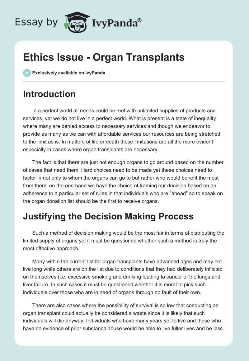 Ethics Issue - Organ Transplants. Page 1