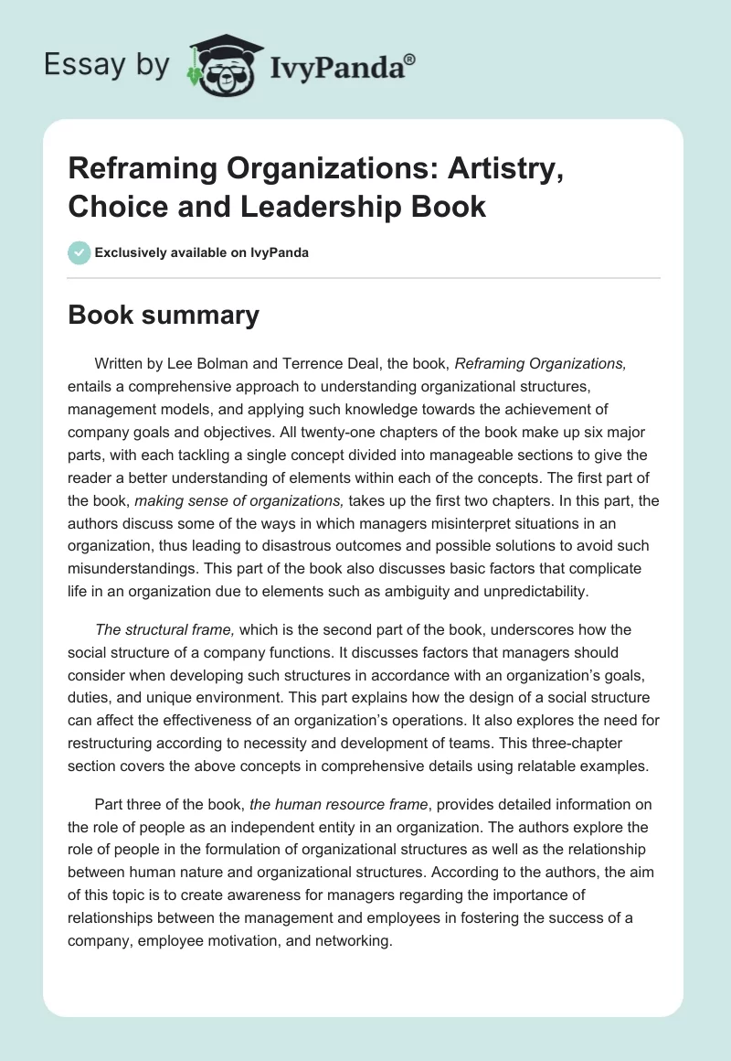 "Reframing Organizations: Artistry, Choice and Leadership" Book. Page 1