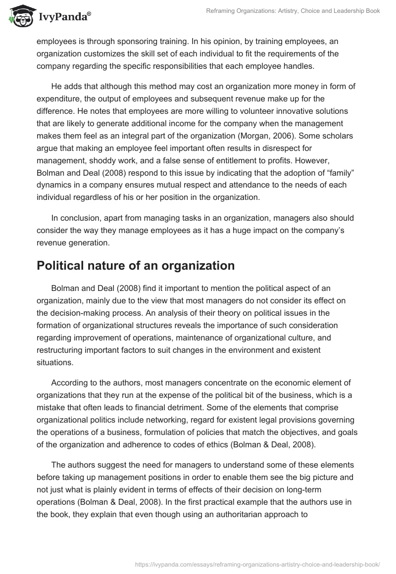 "Reframing Organizations: Artistry, Choice and Leadership" Book. Page 5