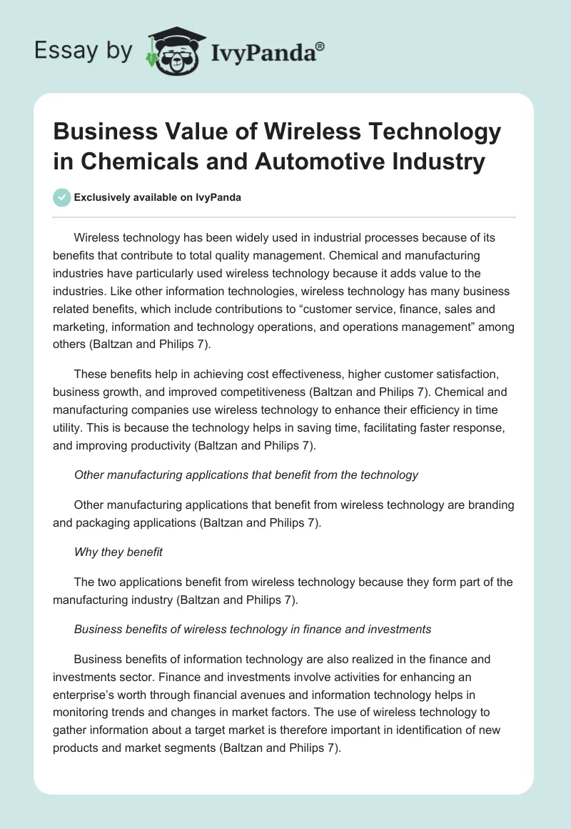 Business Value of Wireless Technology in Chemicals and Automotive Industry. Page 1
