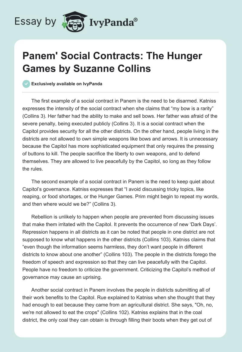 Panem' Social Contracts: The Hunger Games by Suzanne Collins. Page 1