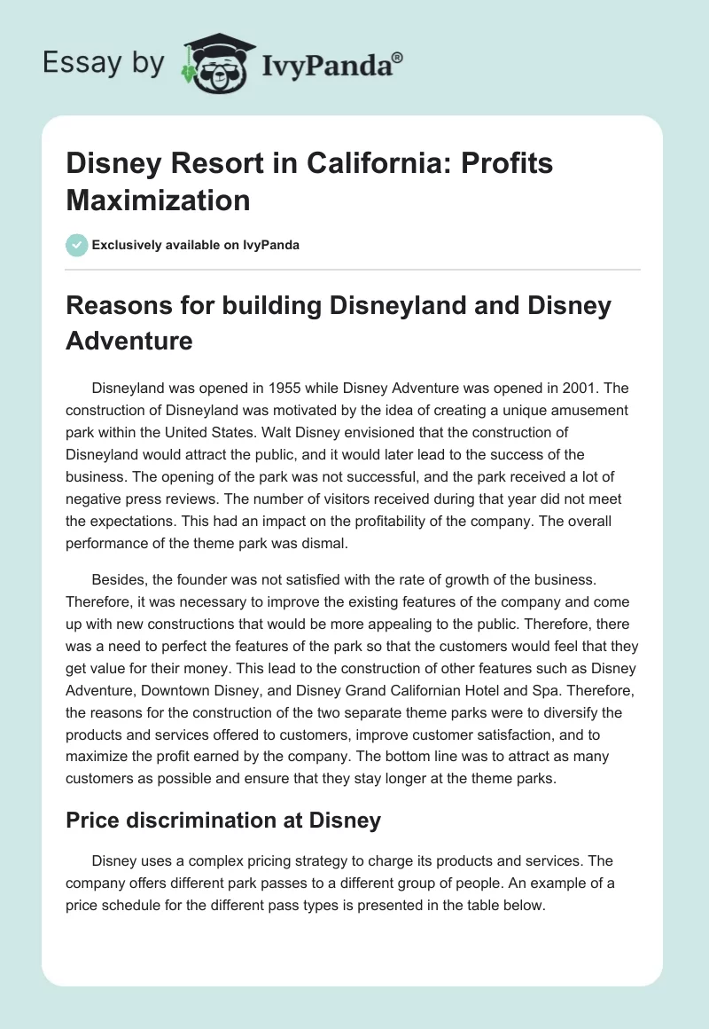 Disney Resort in California: Profits Maximization. Page 1