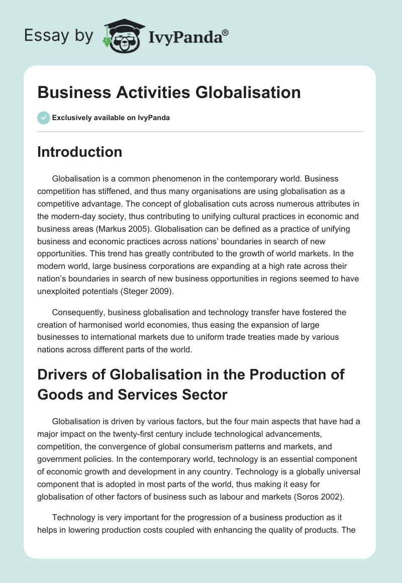 Business Activities Globalisation. Page 1