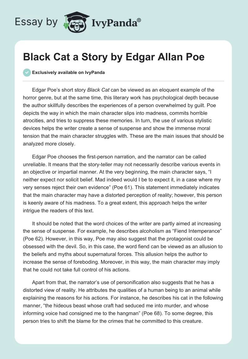 "Black Cat" a Story by Edgar Allan Poe. Page 1