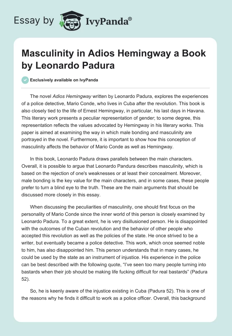 Masculinity in "Adios Hemingway" a Book by Leonardo Padura. Page 1