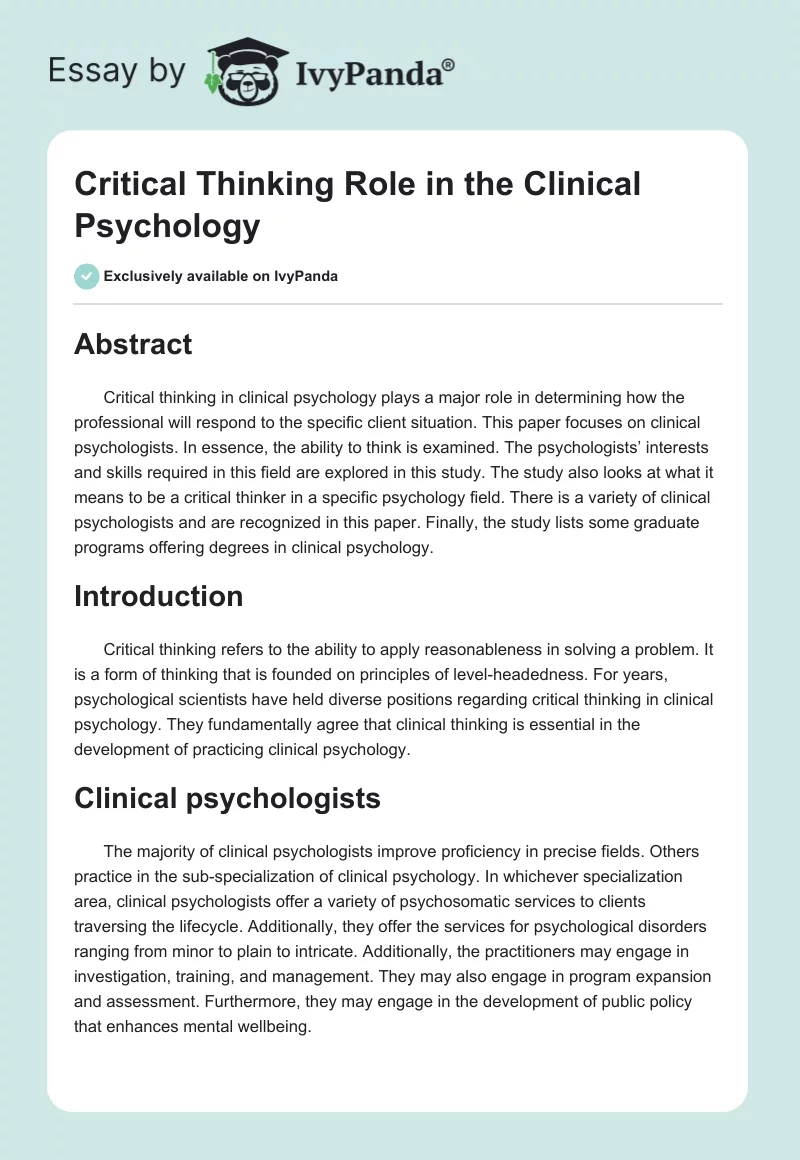 Critical Thinking Role in the Clinical Psychology. Page 1