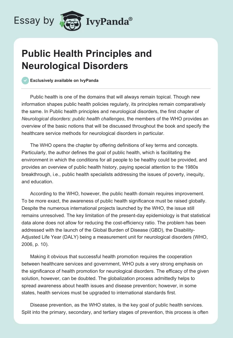Public Health Principles and Neurological Disorders. Page 1