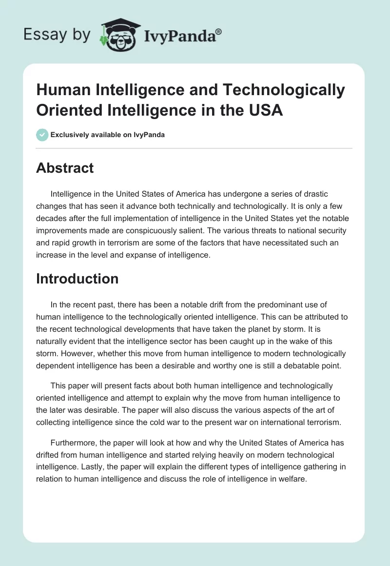 Human Intelligence and Technologically Oriented Intelligence in the USA. Page 1