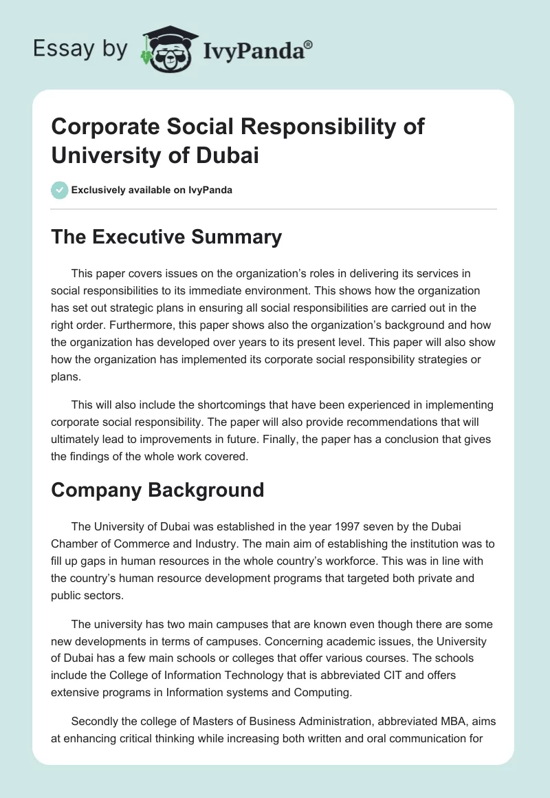 Corporate Social Responsibility of University of Dubai. Page 1