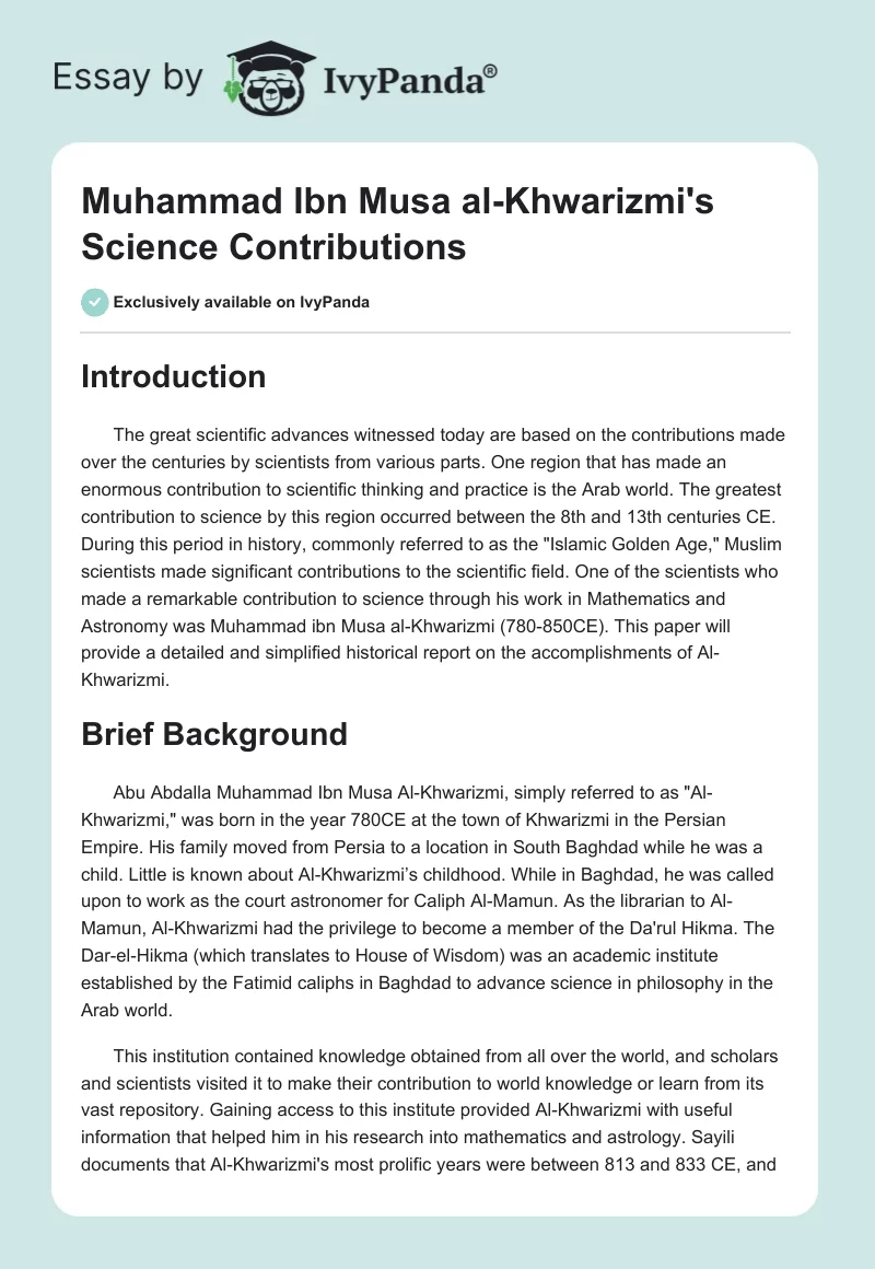 Muhammad Ibn Musa al-Khwarizmi's Science Contributions. Page 1