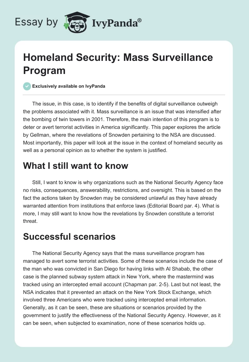 Homeland Security: Mass Surveillance Program. Page 1