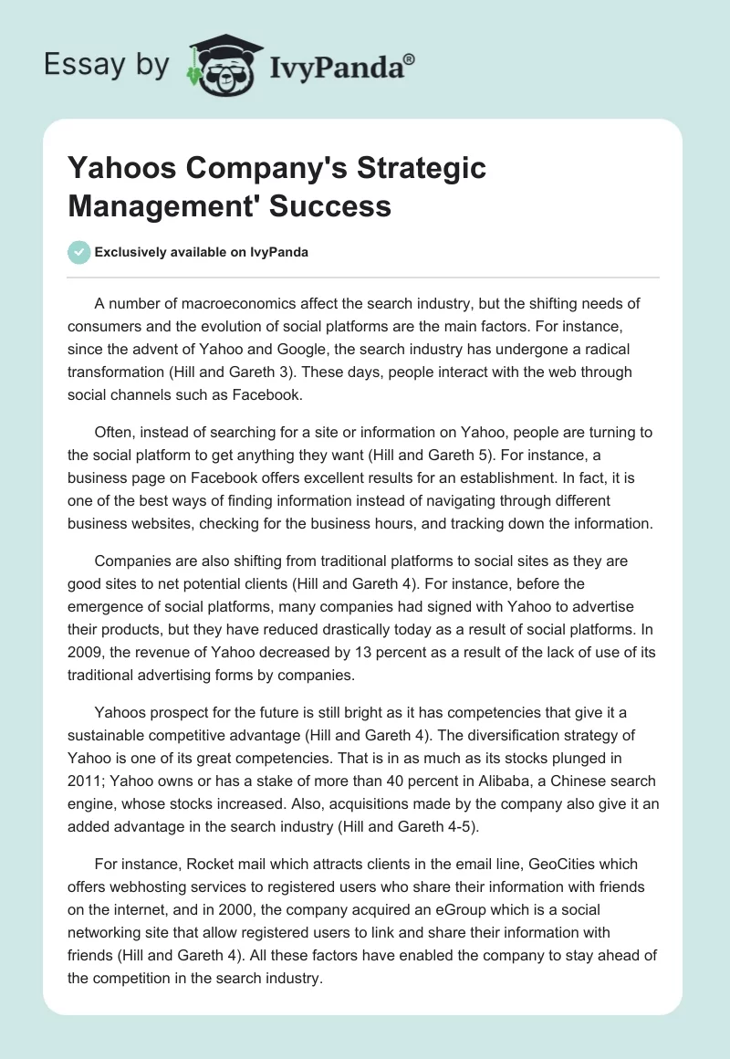 Yahoos Company's Strategic Management' Success. Page 1