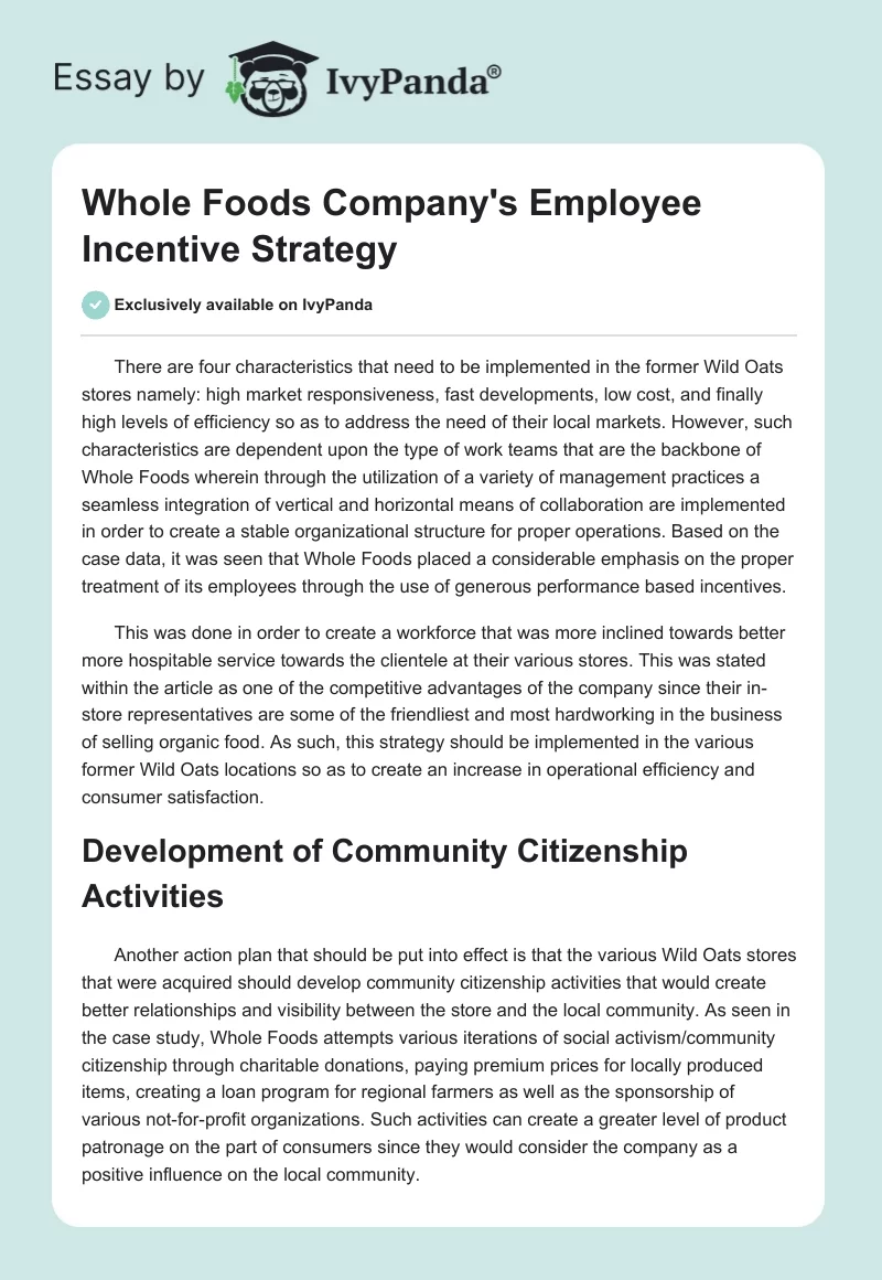 Whole Foods Company's Employee Incentive Strategy. Page 1