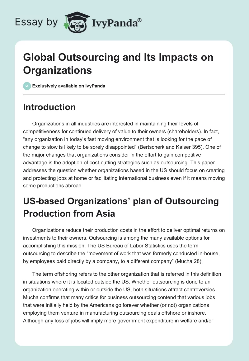 Global Outsourcing and Its Impacts on Organizations. Page 1
