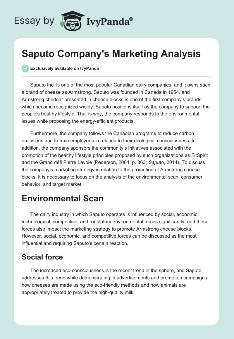Saputo Company's Marketing Analysis. Page 1