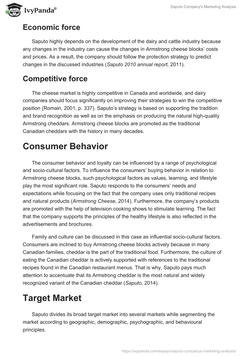Saputo Company's Marketing Analysis. Page 2