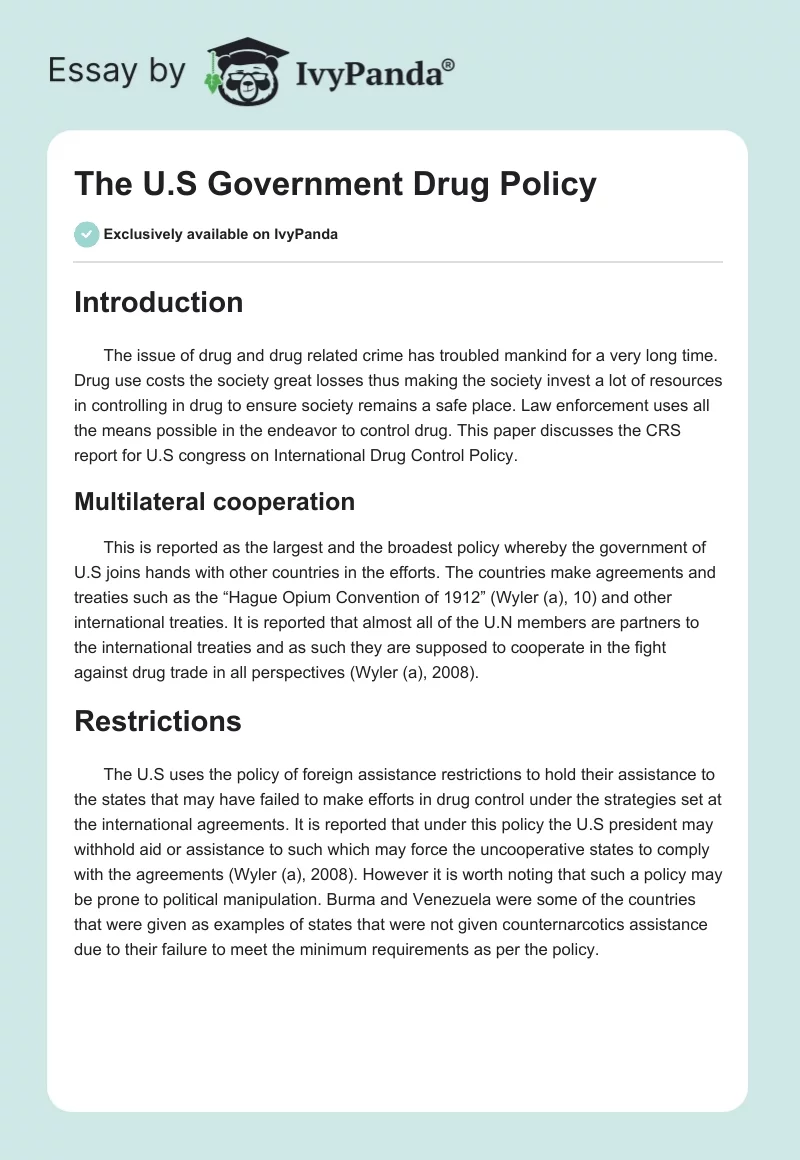 The U.S Government Drug Policy. Page 1