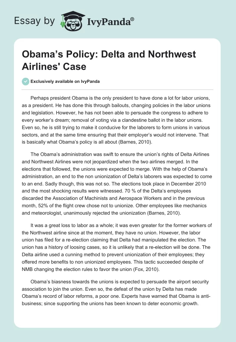 Obama’s Policy: Delta and Northwest Airlines' Case. Page 1