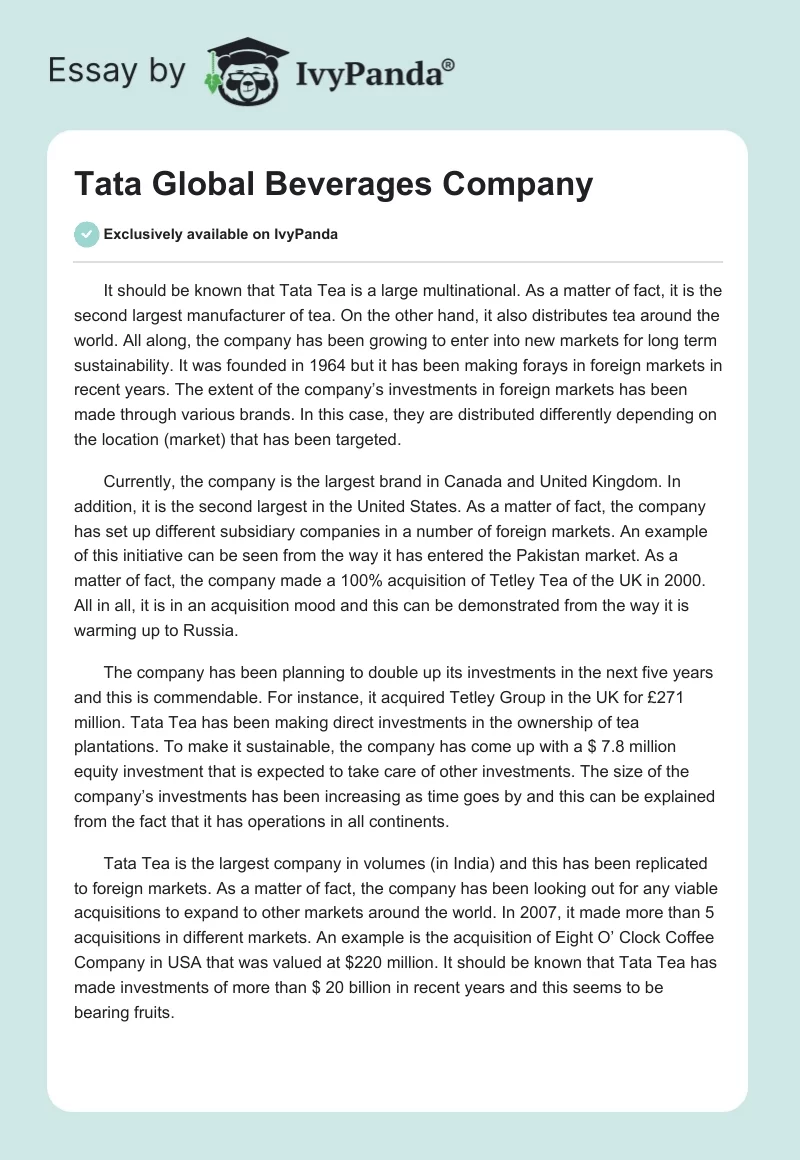 Tata Global Beverages Company. Page 1