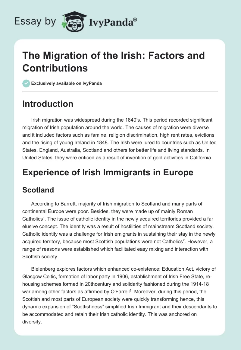 The Migration of the Irish: Factors and Contributions. Page 1