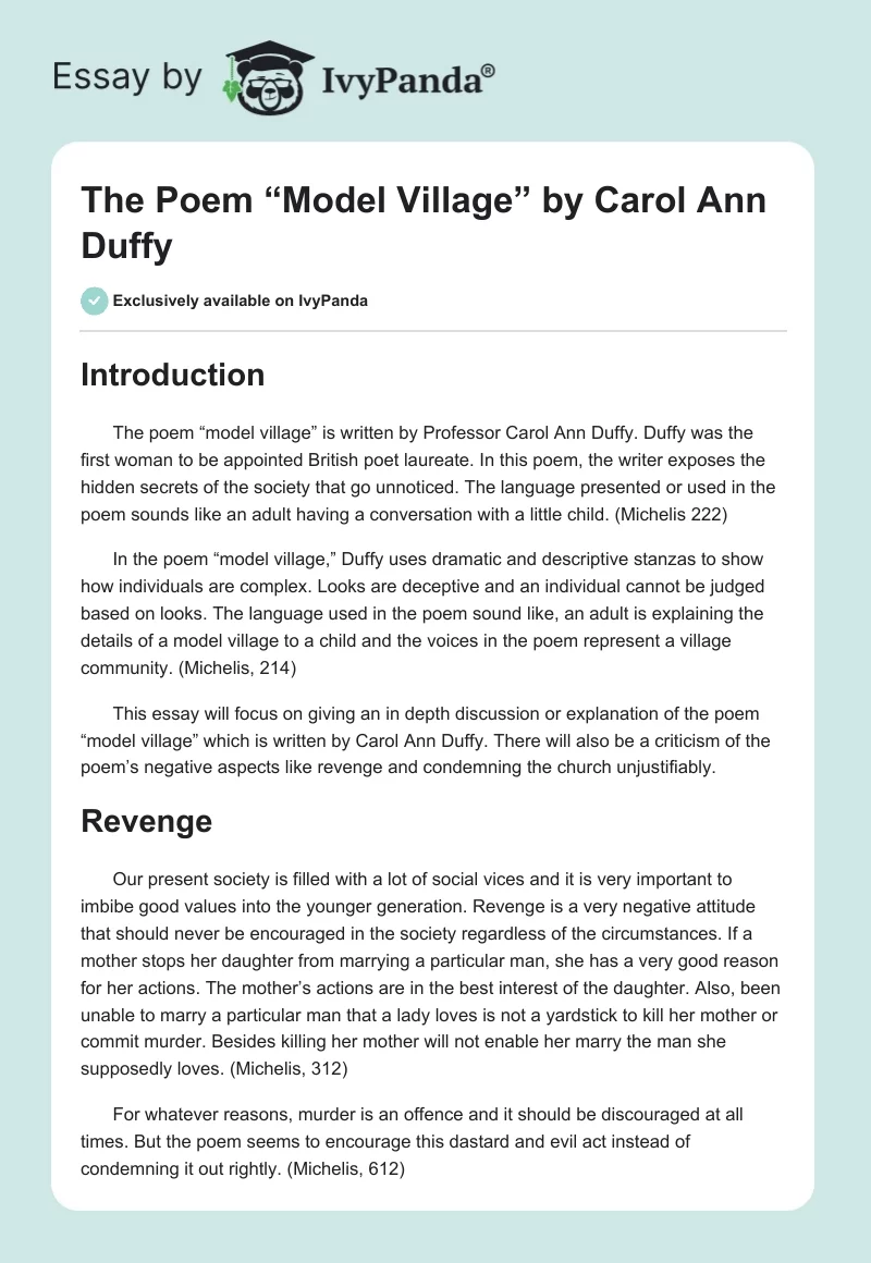 The Poem “Model Village” by Carol Ann Duffy. Page 1