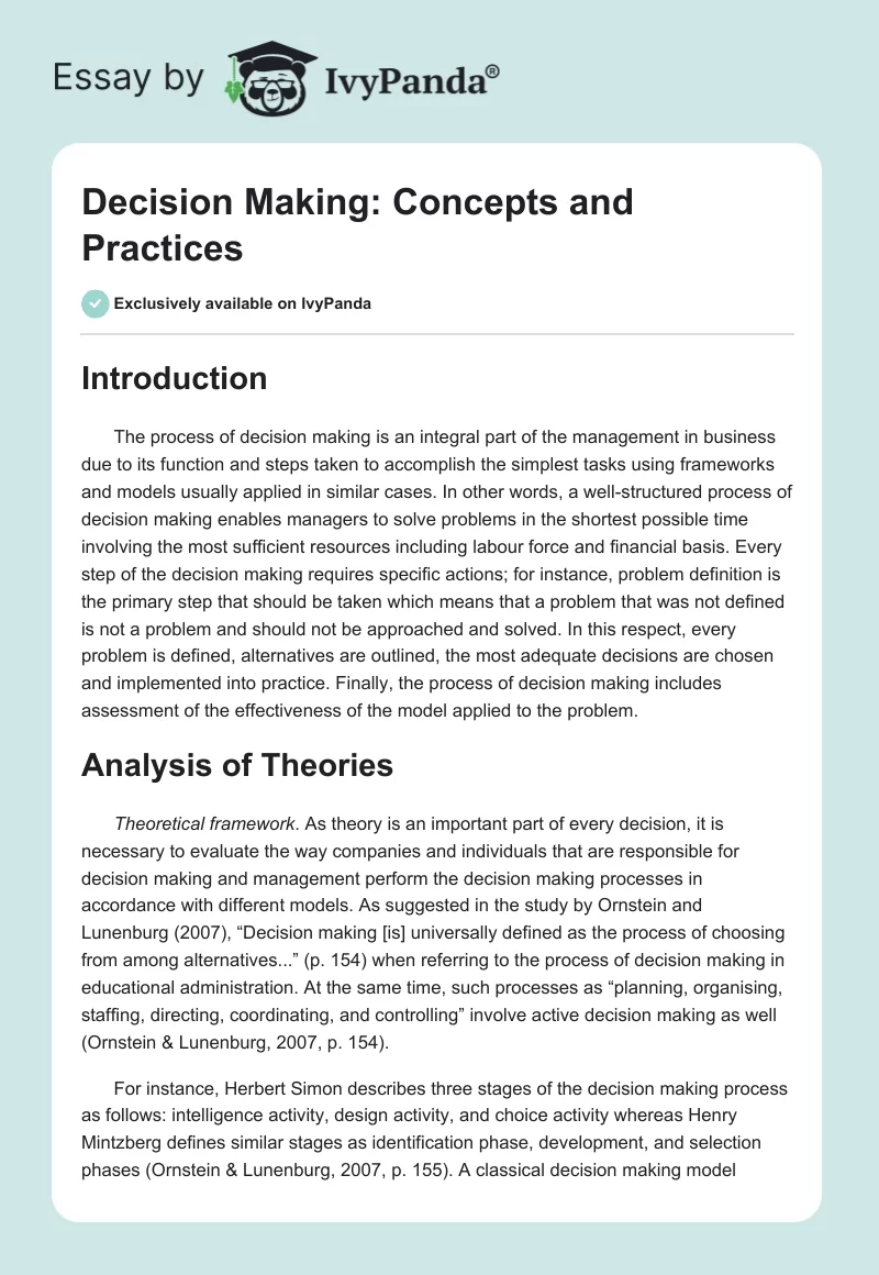Decision Making: Concepts and Practices. Page 1