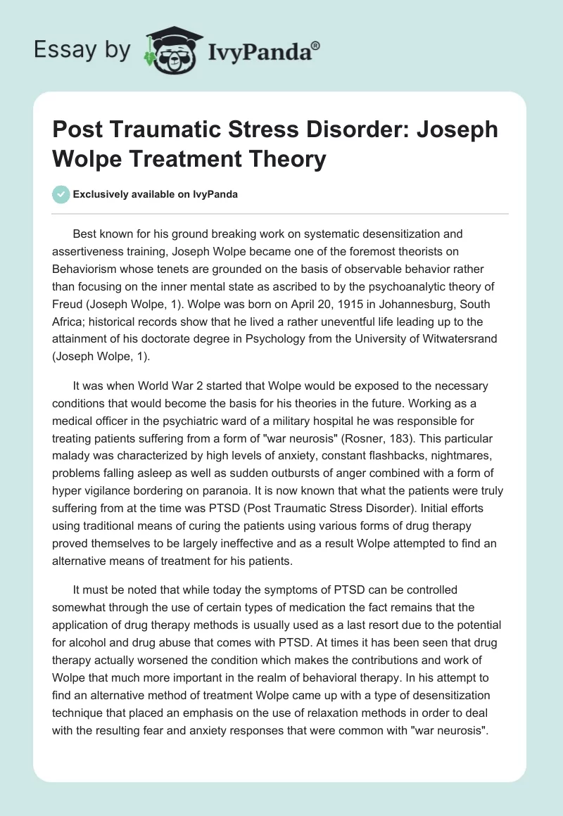 Post Traumatic Stress Disorder: Joseph Wolpe Treatment Theory. Page 1