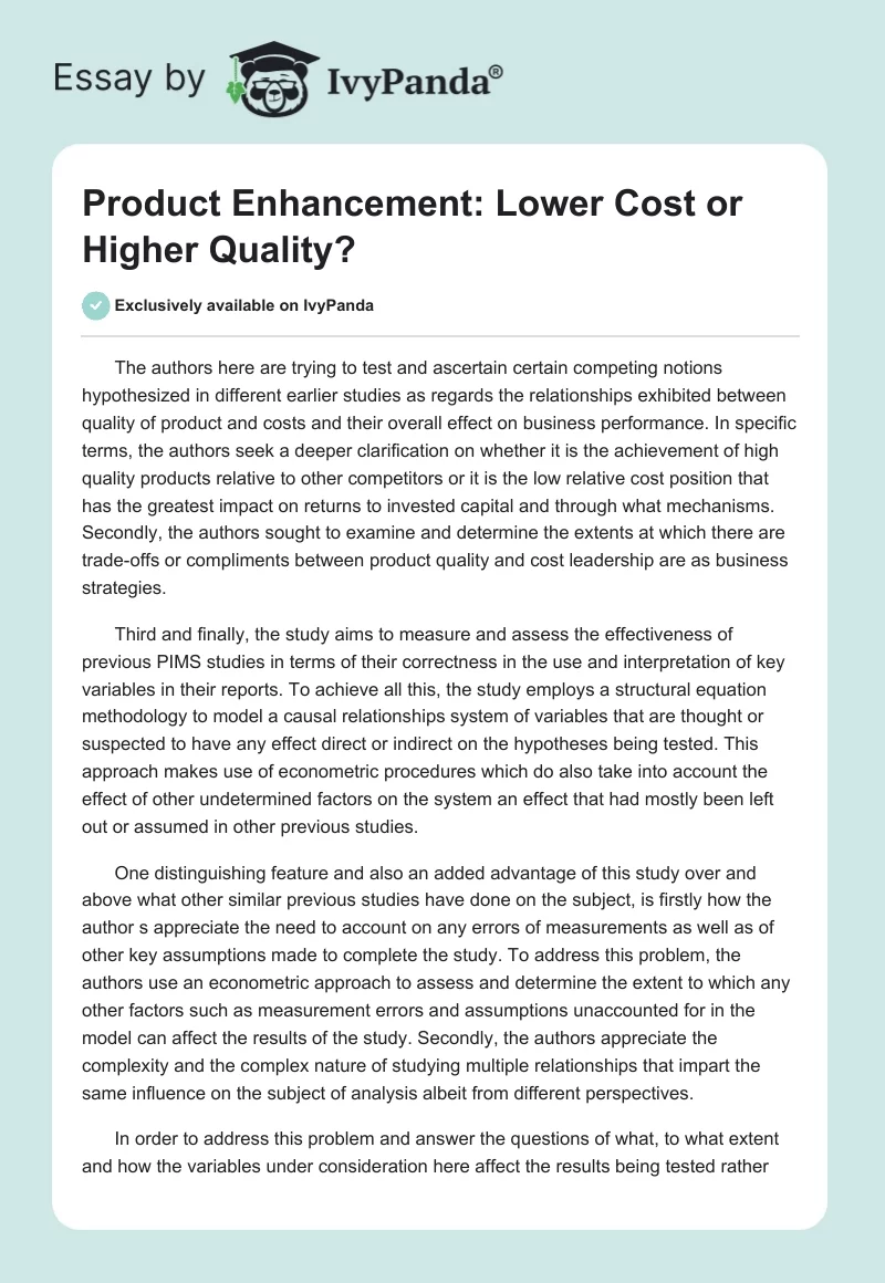 Product Enhancement: Lower Cost or Higher Quality?. Page 1