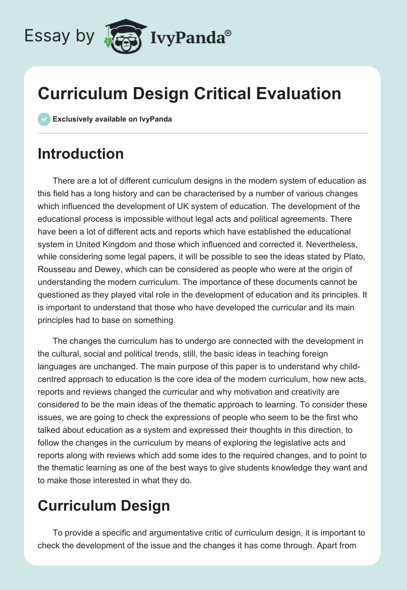 Curriculum Design Critical Evaluation. Page 1