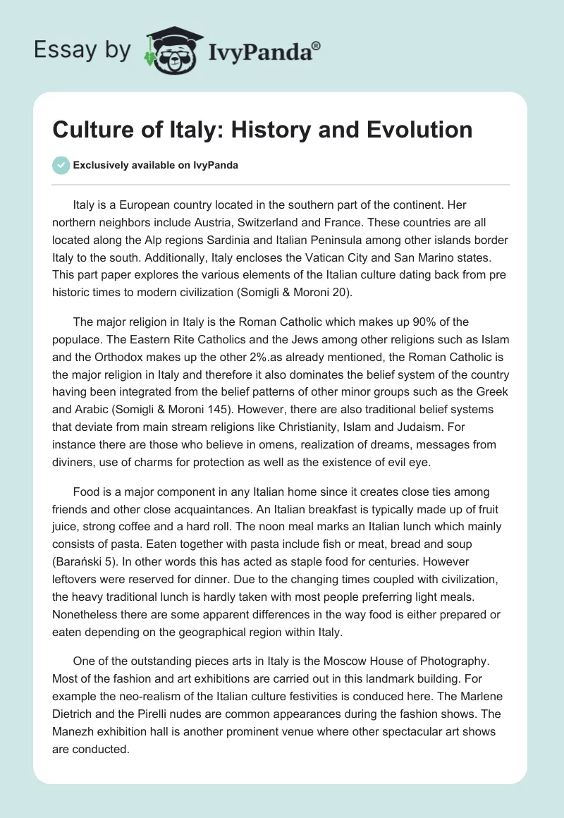 Culture of Italy: History and Evolution. Page 1
