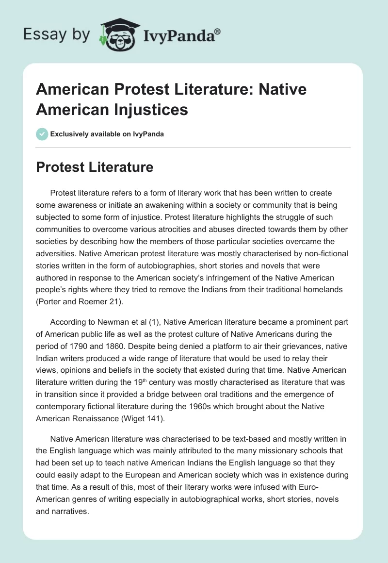 American Protest Literature: Native American Injustices. Page 1