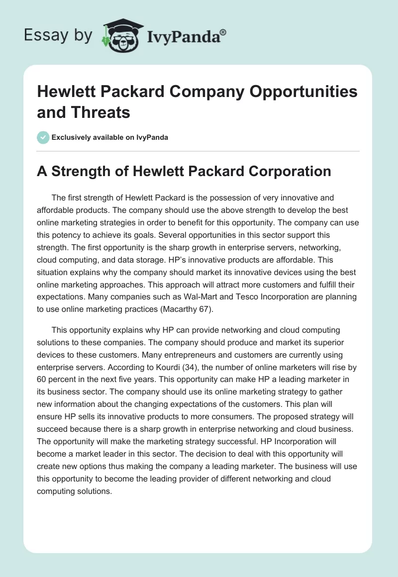 Hewlett Packard Company Opportunities and Threats. Page 1