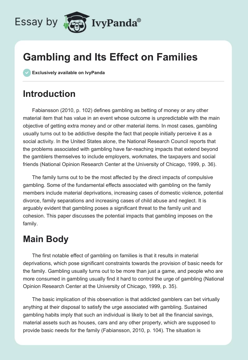 Gambling and Its Effect on Families. Page 1