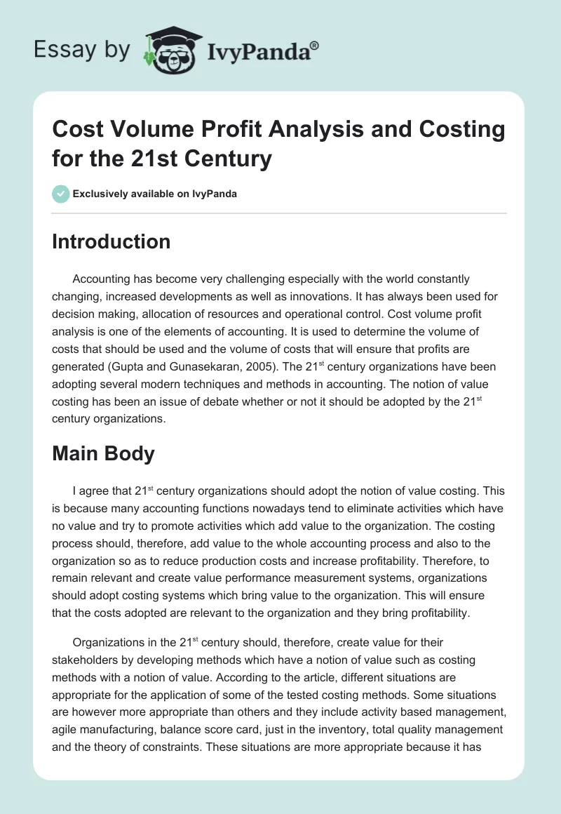 Cost Volume Profit Analysis and Costing for the 21st Century. Page 1