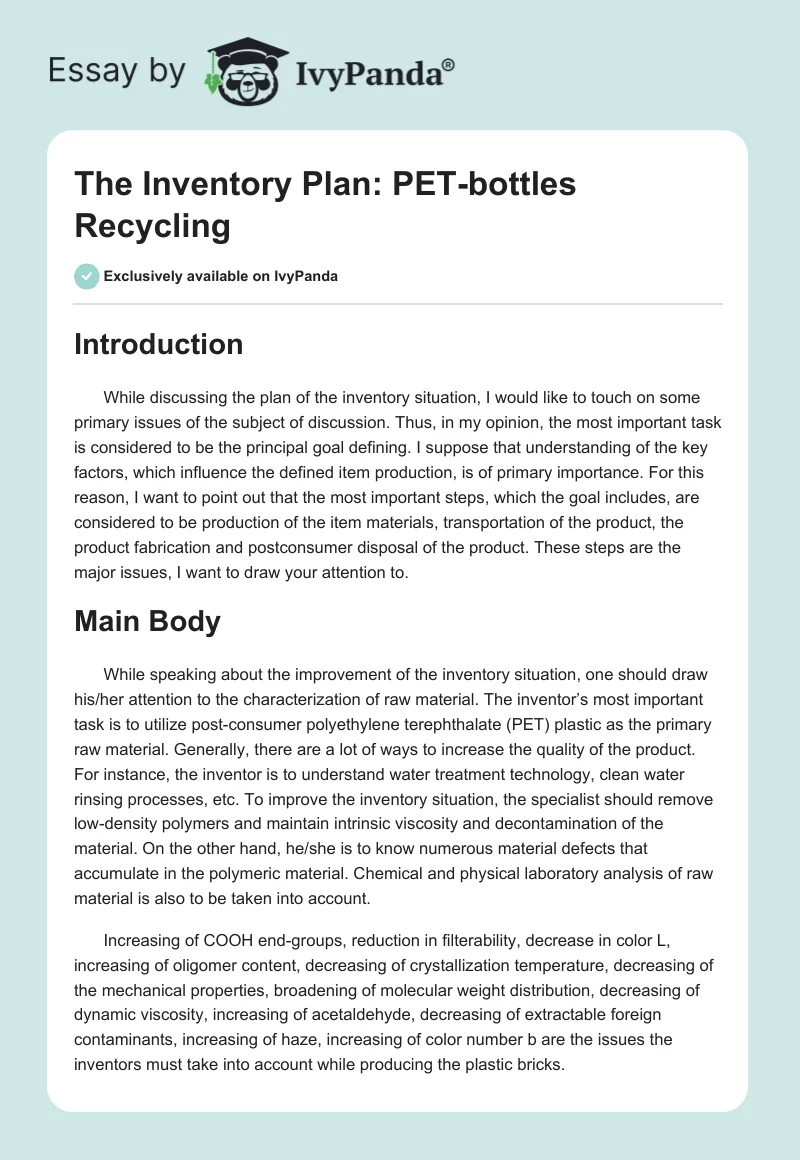 The Inventory Plan: PET-bottles Recycling. Page 1