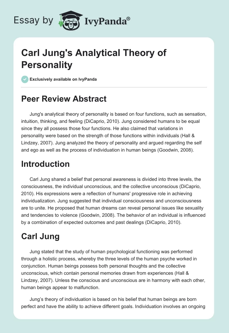 Carl Jung's Analytical Theory of Personality. Page 1