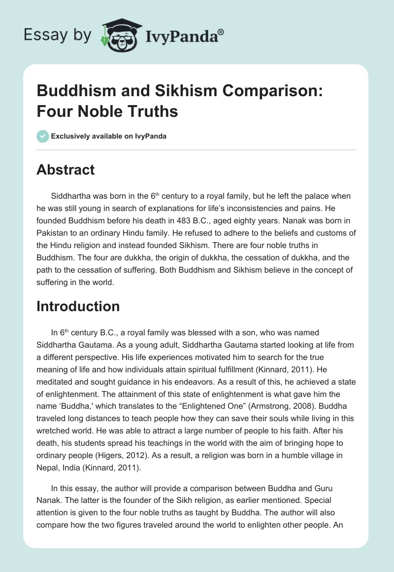 Buddhism and Sikhism Comparison: Four Noble Truths. Page 1